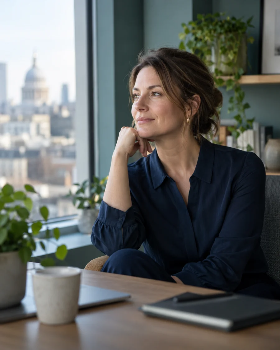 Editorial illustration of a thoughtful professional in a quiet, naturally lit office